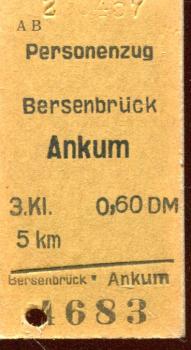 Fahrkarte Bersenbrück – Ankum  1957 0,60 DM