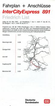 Fahrplan und Anschlüsse ICE 891 Friedrich List  Heidelberg – Münchengültig am Mai 1992