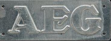 Blechschild AEG silber ca 10,5 x 3,5 cm