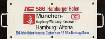 Miniatur Zuglaufschild IC 586 Hamburger Hafen 1989