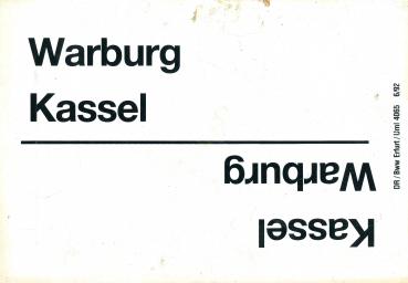 Zuglaufschild Warburg – Kassel / Rückseite Kassel – Erfurt