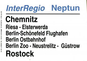 Zuglaufschild Inter Regio Neptun Chemnitz – Berlin Zoo - Rostock
