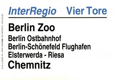 Zuglaufschild Inter Regio Vier Tore Berlin Zoo – Chemnitz