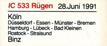 Miniatur Zuglaufschild IC 533 Rügen Köln – Binz 1991