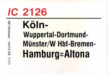 Zuglaufschild IC 2126 Köln – Hamburg Altona