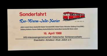 Zuglaufschild Sonderfahrt Rur-Wurm-Inde Kurier Jülich Aachen 1988