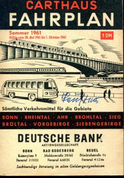 Carthaus Fahrplan Bonn Rheintal Ahr Brohltal Sieg Bröltal Vorgebirge Siebengebirge 1961