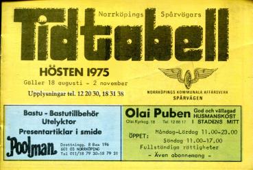 Fahrplan Tidtabell Nörrköpings Hösten 1975