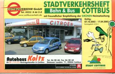 Fahrplan Stadtverkehr Cottbus 2002 / 2003