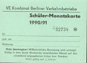 Schülermonatskarte Berliner Verkehrs Betriebe 1990 / 91