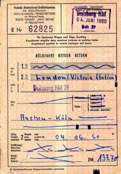 Fahrschein London - Duisburg über Aachen 1960