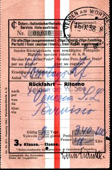 Internationaler Fahrschein Velden – Venezia 3. Klasse 1938