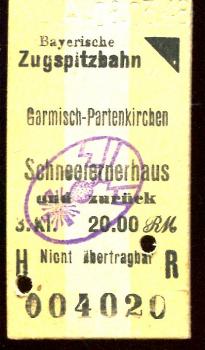 Fahrkarte Zugspitzbahn Schneefernerhaus 1948