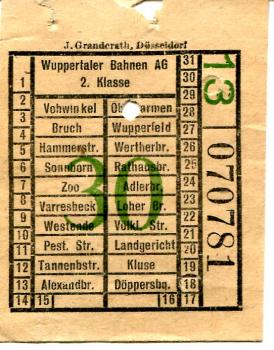 Fahrschein Wuppertaler Bahnen 2. Klasse