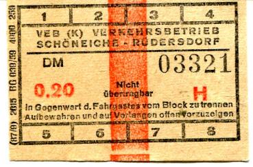 Fahrschein Straßenbahn Schöneiche – Rüdersdorf 0,20 DM