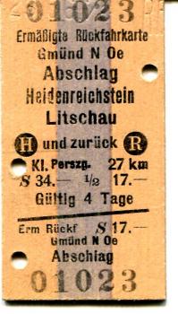 ÖBB Fahrkarte Gmünd N Oe – Abschlag Heidenreichstein Litschau