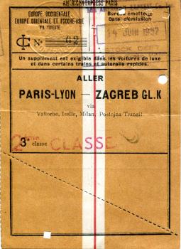 Fahrschein Paris – Zagreb 1957