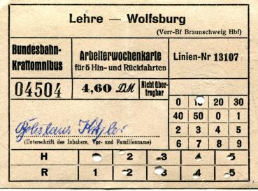 Fahrschein Bundesbahn Kraftomnibus Lehre – Wolfsburg