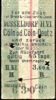 Fahrkarte Düsseldorf – Cöln oder Deutz 1904 II Klasse