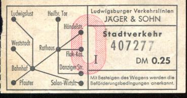 Fahrschein Jäger und Sohn Ludwigsburger Verkehrslinien 0,25 DM