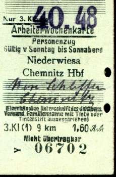 Arbeiterwochenkarte Niederwiesa – Chemnitz 1948