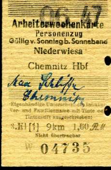 Arbeiterwochenkarte Niederwiesa – Chemnitz 1947