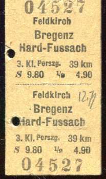 Fahrkarte Feldkirch – Bregenz / Hard-Fussach 1954