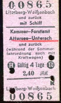 Fahrkarte Litzlberg – Weißenbach Kammer Forstamt Unterach zurück mit Schiff 1938