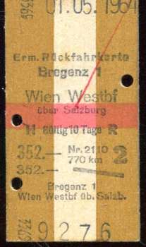 Rückfahrkarte Bregenz – Wien Westbf 1964