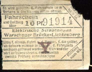 Fahrschein Berlin Elektrische Straßenbahn Warschauer Brücke – Lichtenberg