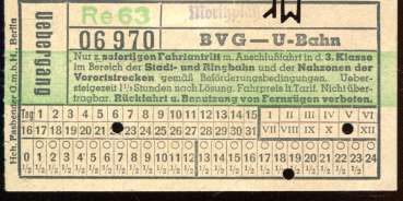 BVG Fahrschein Übergang U-Bahn zu Ringbahn und Vorortstrecken 3. Klasse