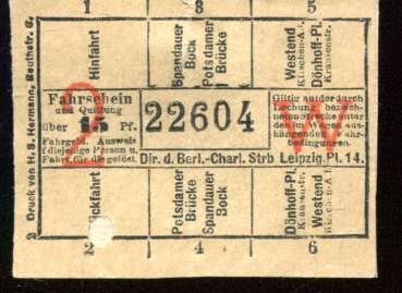 Fahrschein Berlin Charlottenburger Straßenbahn 15 Pf
