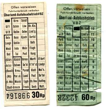 2 Fahrscheine Überland Autobusbetrieb VBZ