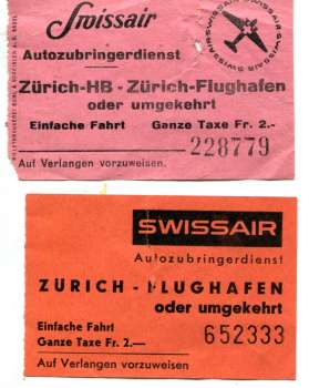 2 Fahrscheine Swiss Air Autozubringerdienst Zürich Flughafen