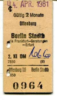 Fahrkarte Offenburg – Berlin Stadtbahn1981