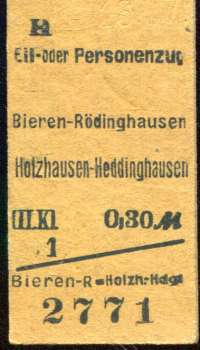Fahrkarte Bieren-Rödinghausen – Holzhausen-Heddinghausen IIIKl. 0,30M