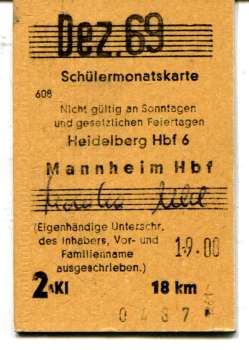 Schülermonatskarte Heidelberg – Mannheim 19 DM