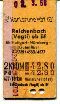 Fahrkarte Karlsruhe – Reichenbach Vogtl. ob. Bf
