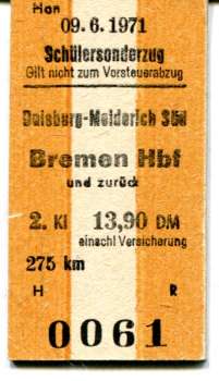 Rückfahrkarte Schülersonderzug Duisburg Meiderich Süd – Bremen HBF 1971
