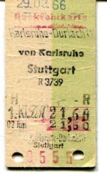 Rückfahrkarte 1. Klasse Karlsruhe Durlach – Stuttgart 1966
