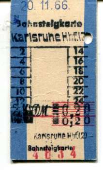 Bahnsteigkarte Karlsruhe HBF 1966