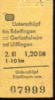 Fahrkarte Unterschüpf – Edelfingen / Uifingen 1976