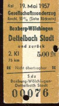 Fahrkarte Gesellschaftssonderzug Boxberg-Wölchingen – Dettelbach Stadt 1957