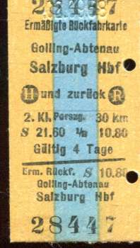 Fahrkarte Gölling-Abtenau – Salzburg und zurück 1968