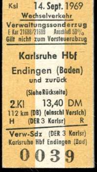 Fahrkarte Wechselverkehr Karlsruhe – Endingen 1969