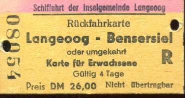 Rückfahrkarte Langeoog – Bensersiel 1985