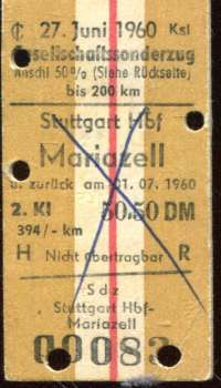 Fahrkarte Gesellschaftssonderzug Stuttgart – Mariazell 1960