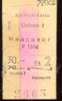 Rückfahrkarte Uelzen – Hannover 1981