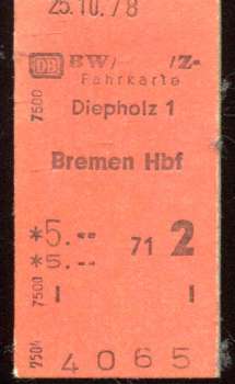 BW Fahrkarte Diepholz Bremen 1978
