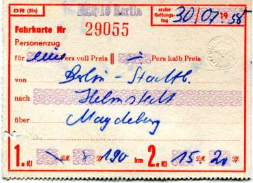 DR Fahrschein Rotdruck Berlin Stadtbahn – Helmstedt 1958